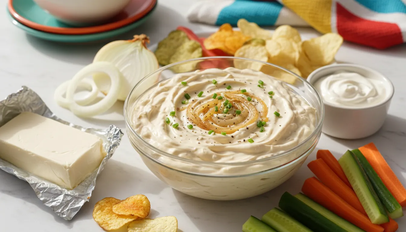 Creamy 3 ingredient onion dip in a white bowl served with crunchy potato chips on a wooden table.