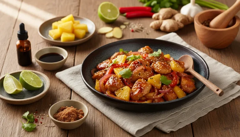 Platter of easy sweet and sour chicken with bell peppers and rice, highlighting balanced Asian cuisine flavors.