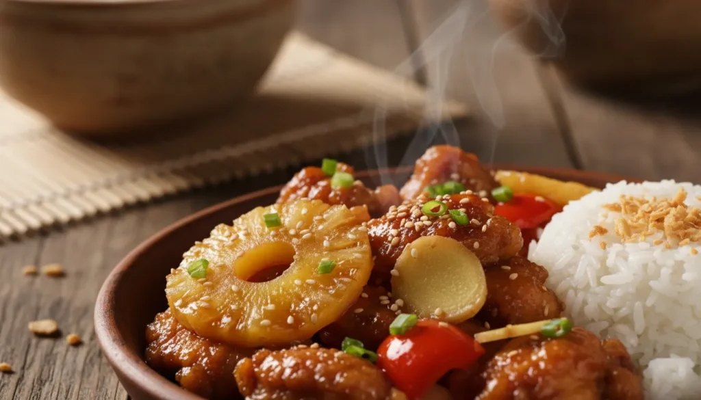 Close-up of vibrant sweet and sour sauce on stir-fried vegetables and tofu, showcasing a perfect flavor balance.