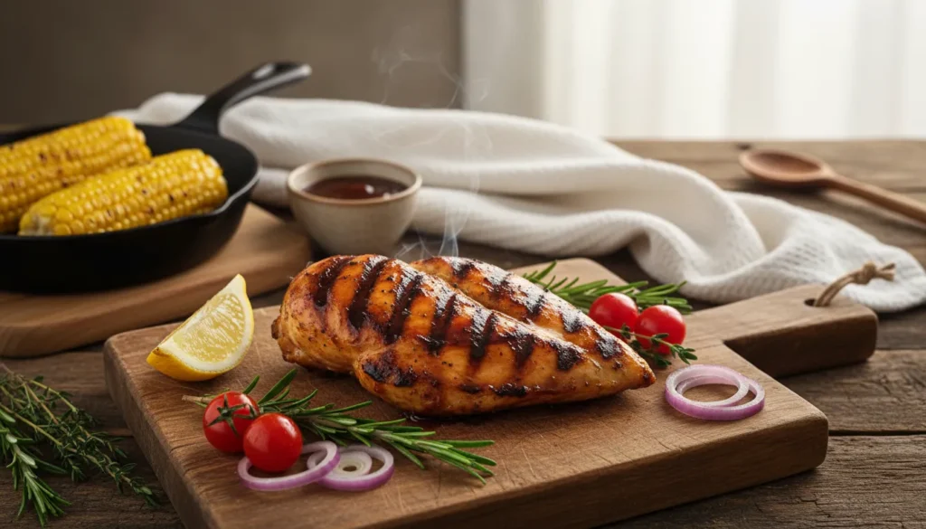 Smoky BBQ chicken breast on the grill with visible char marks, perfect for quick summer dinner recipes.