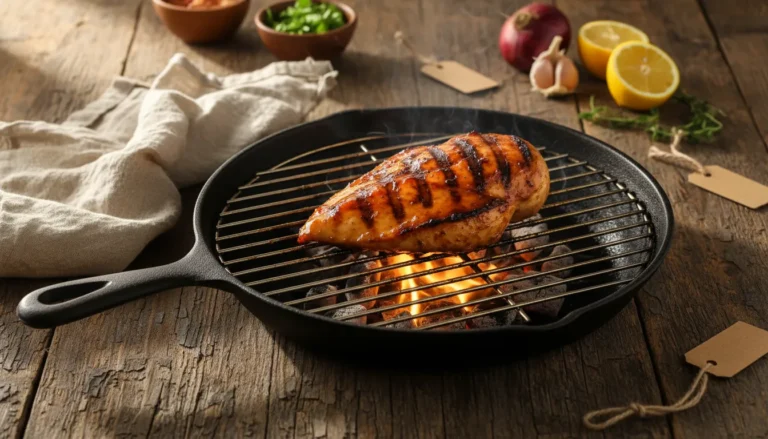 Juicy BBQ chicken breast on the grill with charred marks, a featured quick dinner recipe for a family meal.