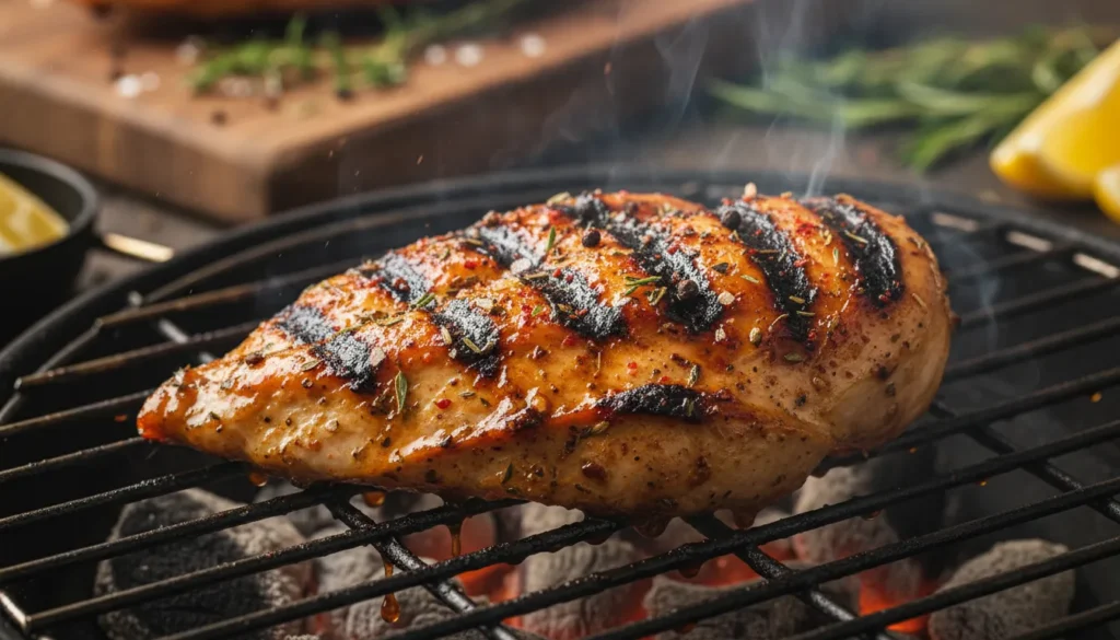 Close-up of glazed BBQ chicken breast showing smoky grill marks and thick barbecue sauce detail.