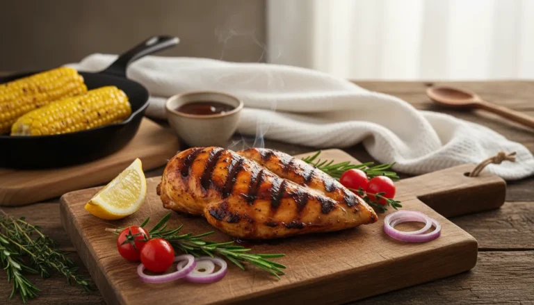 Smoky BBQ chicken breast on the grill with visible char marks, perfect for quick summer dinner recipes.