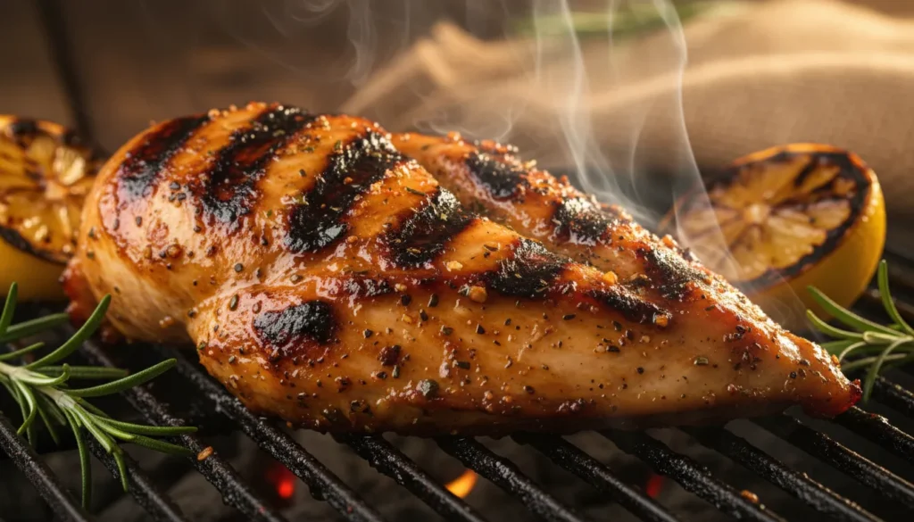 Macro shot of a sliced BBQ chicken breast on the grill showing the glistening sauce and juicy interior.
