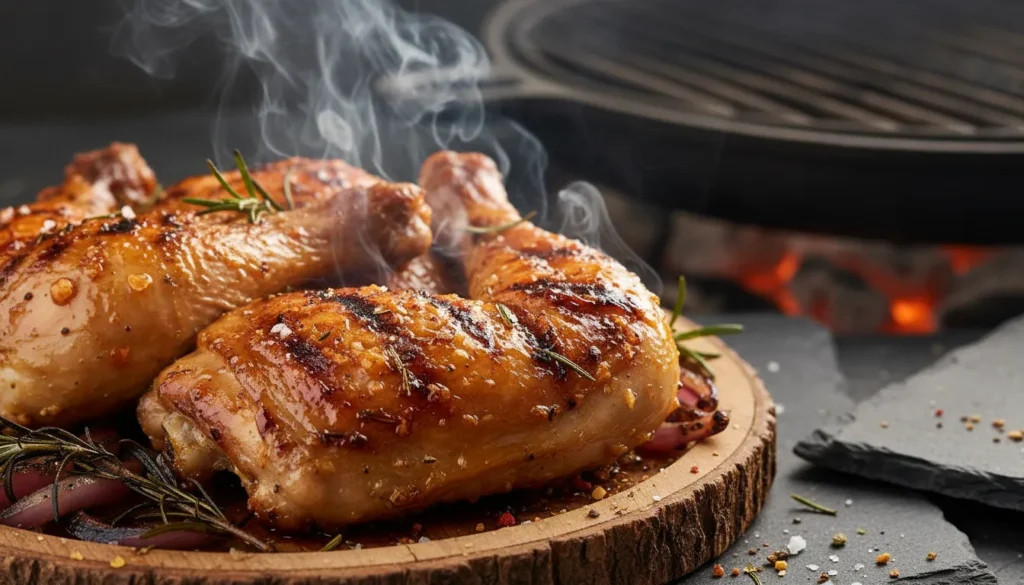 Close-up of crispy skin on a grilled BBQ chicken leg quarter with sticky barbecue sauce and grill marks.