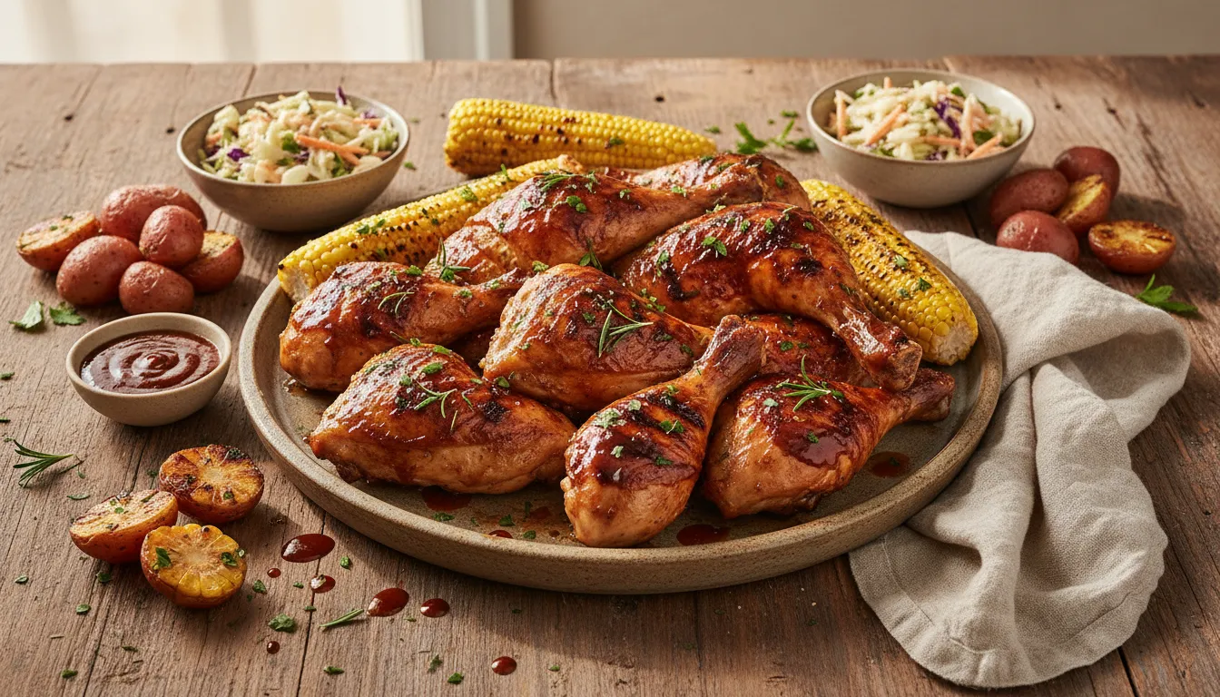 Grilled BBQ chicken leg quarters on a platter, glazed with sauce for the best budget feast recipe.