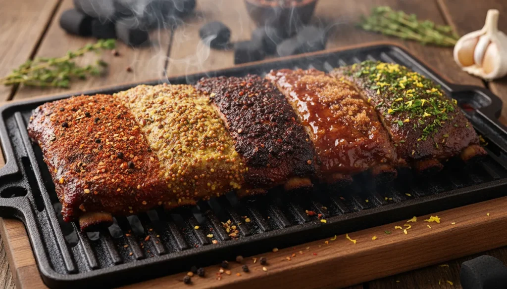Platter of tender BBQ ribs grilled with a smoky dry rub, a featured recipe for a summer backyard cookout.