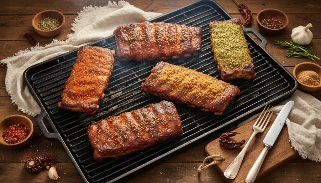 Platter of tender BBQ ribs grilled with a smoky dry rub, a featured recipe for a summer backyard cookout.