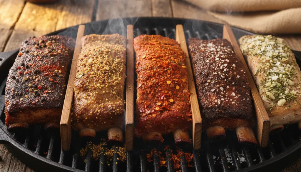 Close-up detail of a savory spice rub coating on grilled pork ribs, showcasing the mouthwatering seasoning texture.