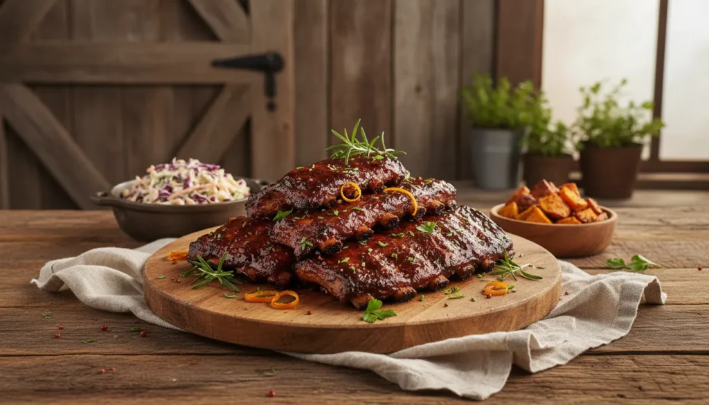 Smoky BBQ ribs cooked on a gas grill using the indirect heat method, served on a platter with barbecue sauce.
