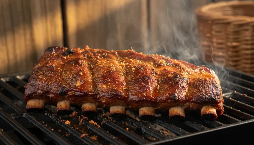 Close-up of tender BBQ pork ribs with a caramelized glaze and smoke ring, cooked on a gas grill via indirect heat.