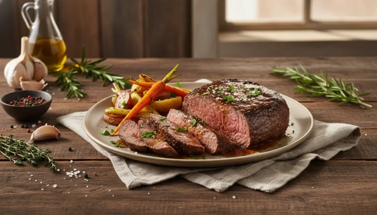 Grilled sliced beef chuck steak on a wooden board with herbs, demonstrating how to tenderize budget meat cuts.