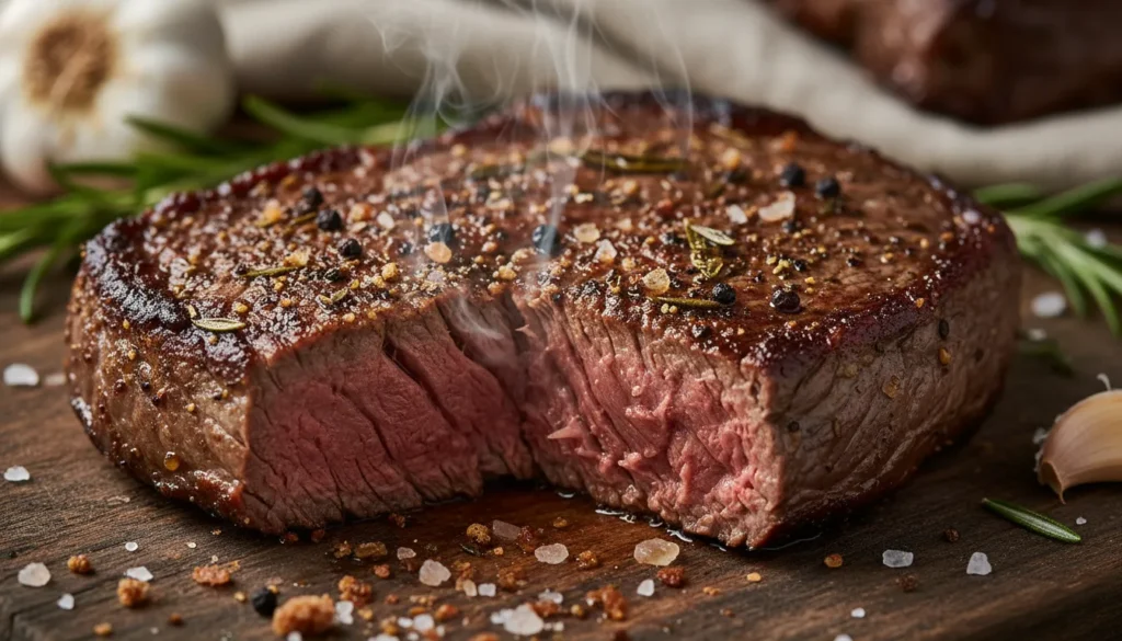 Extreme close-up of juicy, fork-tender beef chuck steak showing the texture of a properly tenderized cheap cut.