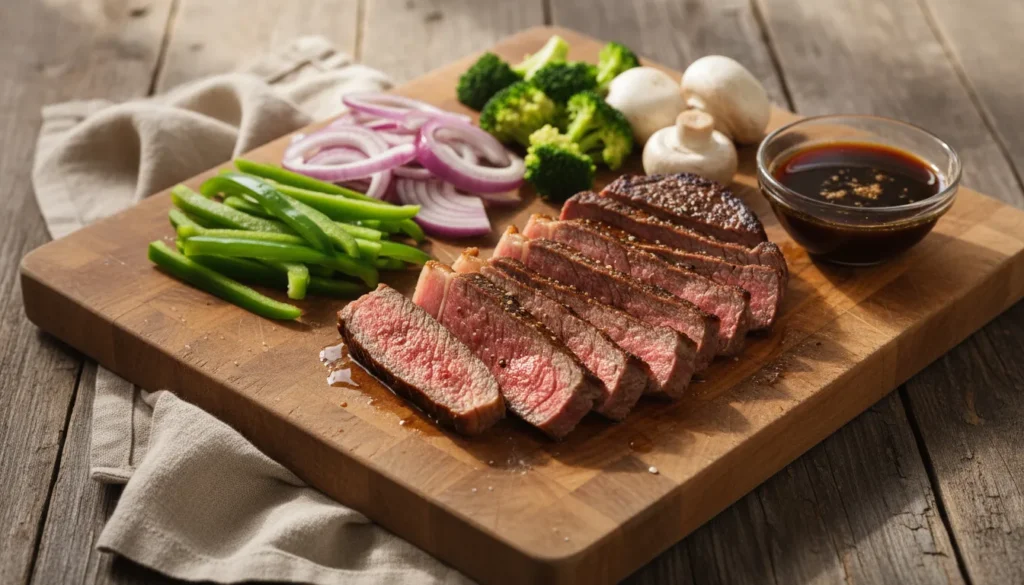 Raw beef sirloin tip steak sliced into thin strips on a cutting board for a healthy stir fry recipe.