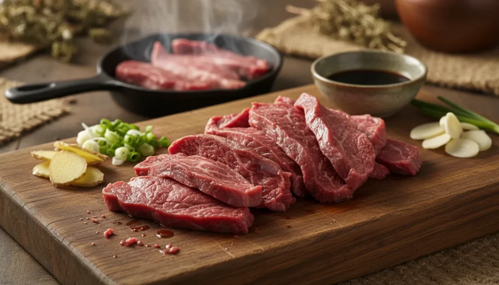 Close-up of a chef slicing beef sirloin tip steak against the grain to ensure tender meat for stir fry.