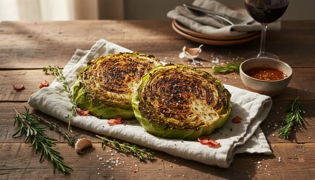 Golden-brown roasted cabbage steaks seasoned with spices on a platter, perfect for meat lovers.