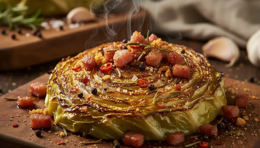 Extreme close-up of a seasoned cabbage steak showing charred edges and garlic herb rub.