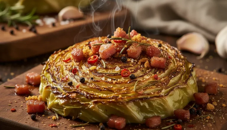 Extreme close-up of a seasoned cabbage steak showing charred edges and garlic herb rub.