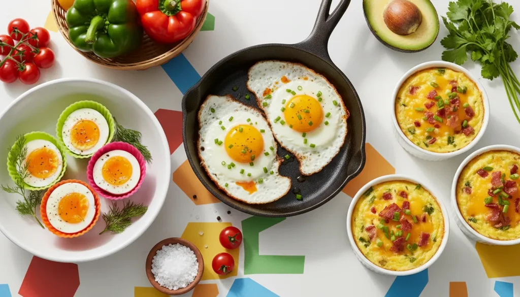 Assorted air fryer eggs including boiled, fried, and scrambled styles served on a breakfast plate.