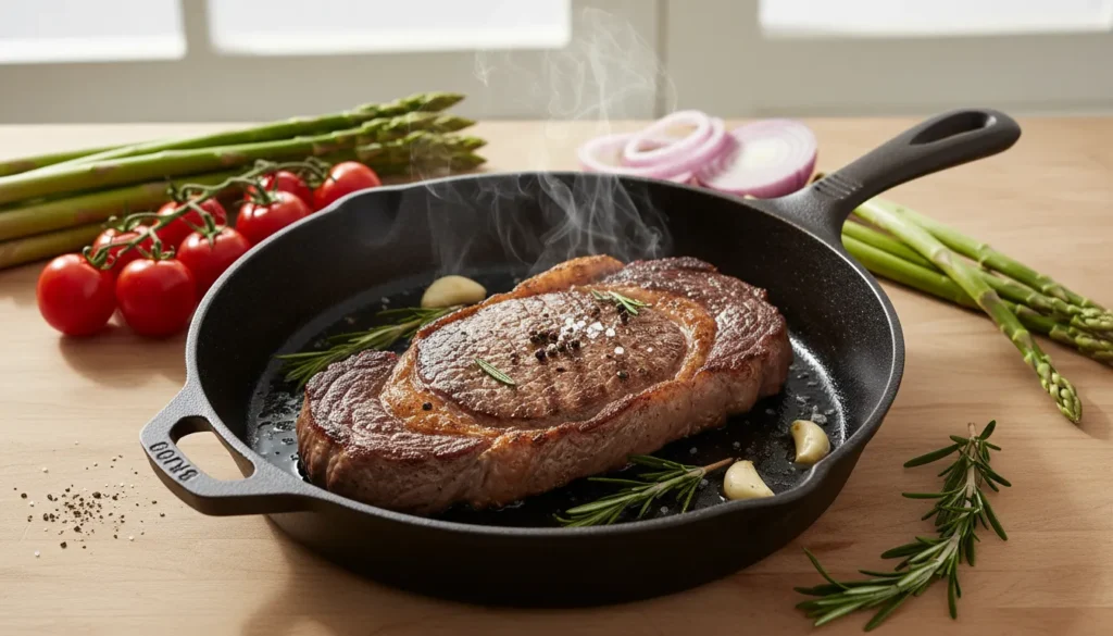Juicy pan-seared steak sizzling in a seasoned cast iron skillet, cooked perfectly with minimal kitchen smoke.