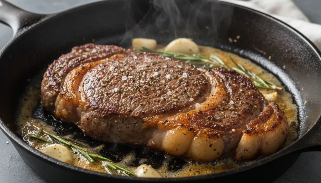 Close-up of a ribeye steak crust being basted with garlic butter and rosemary in a cast iron skillet.
