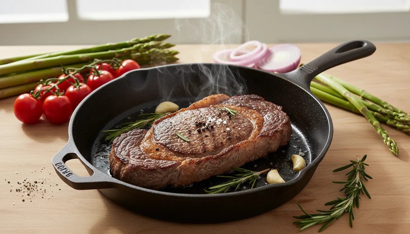 Juicy pan-seared steak sizzling in a seasoned cast iron skillet, cooked perfectly with minimal kitchen smoke.