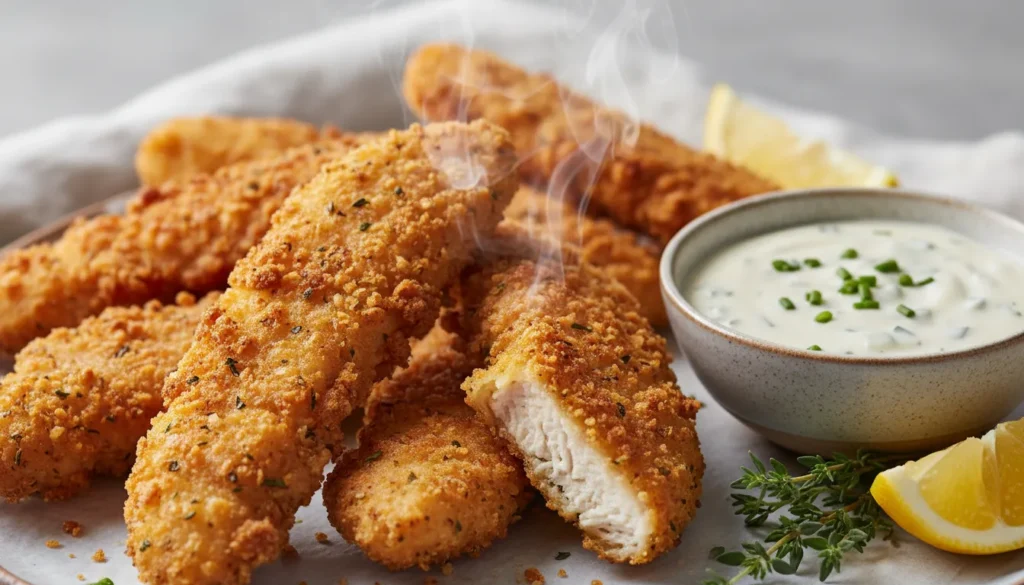 Close-up of crunchy breading texture on air fryer buttermilk chicken tenders showing the crispy golden crust.