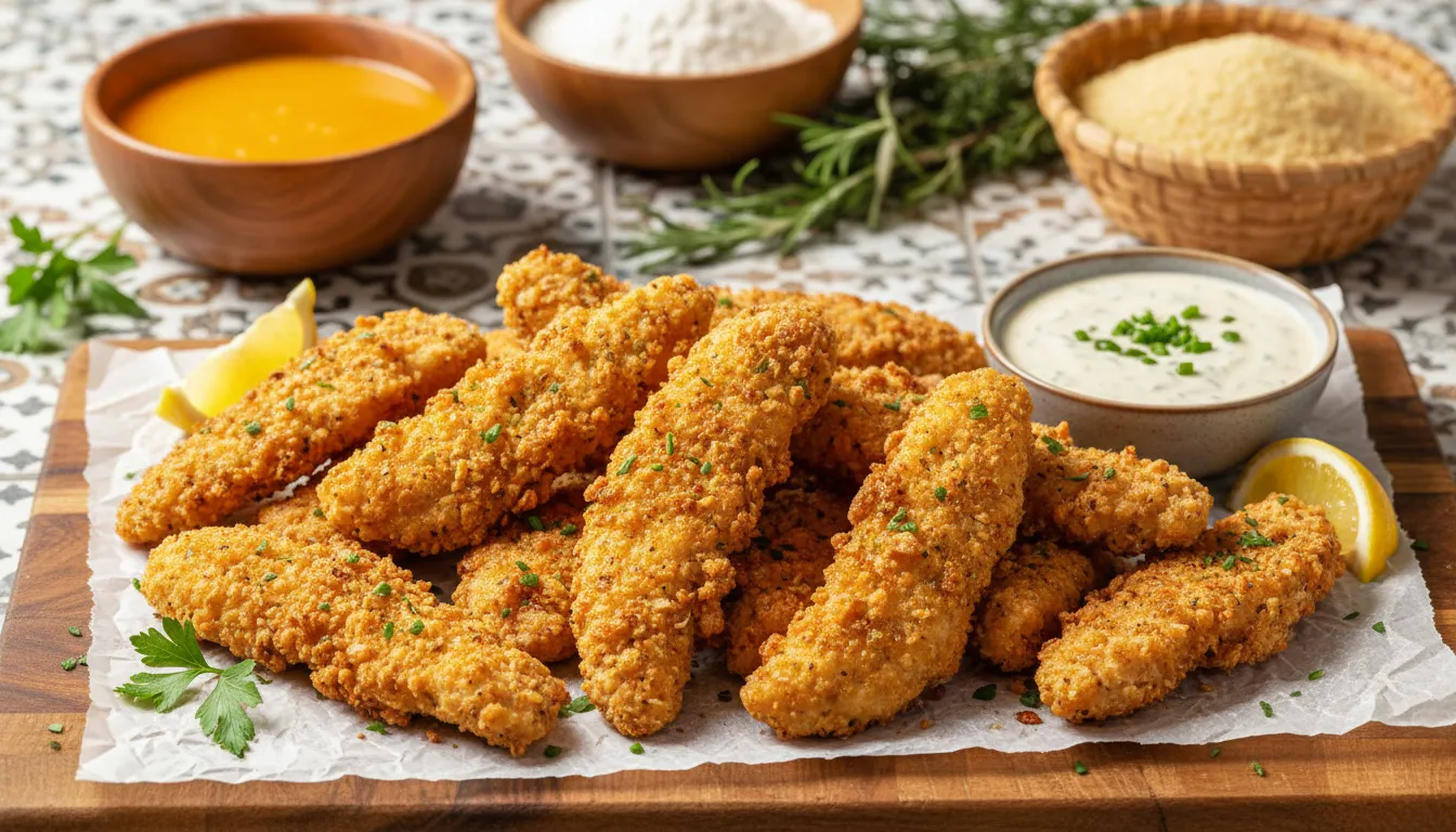 Golden brown crispy buttermilk chicken tenders cooked in an air fryer served on a platter with dipping sauce.