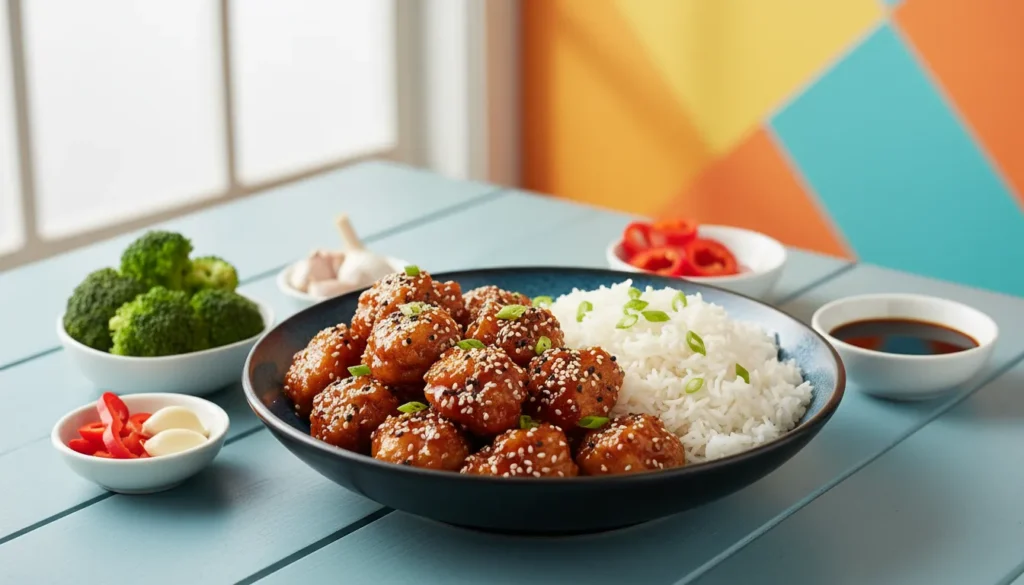 Crispy Chinese sesame chicken made in an air fryer served in a white bowl with sesame seeds and green onions.