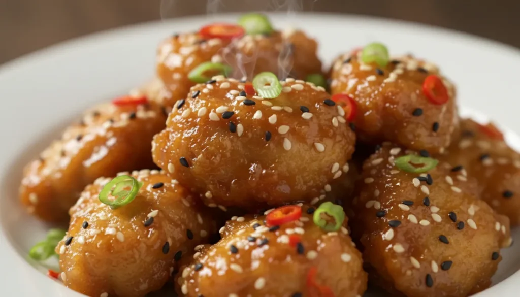 Close-up detail of glazed air fryer sesame chicken with toasted sesame seeds, showing a crispy texture.