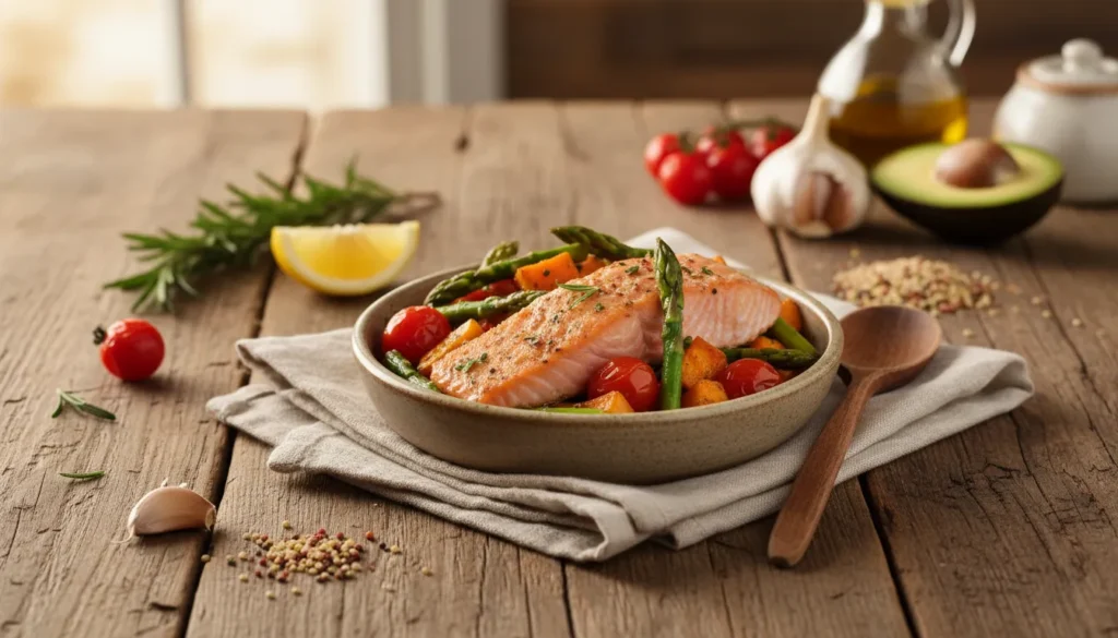 Flat lay of five healthy single-serving meals on a kitchen table, showcasing easy cooking for one recipes.