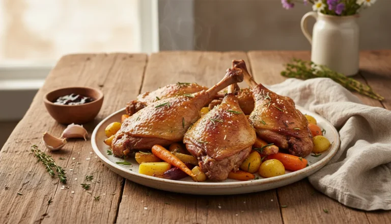 Golden crispy oven roast duck legs on a serving platter with fresh herbs, the best duck leg recipe.