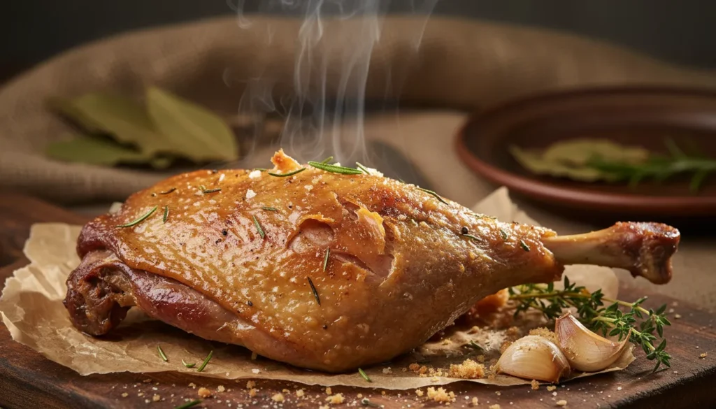 Close-up of the crackling skin and juicy meat of an oven-roasted duck leg for a food blog recipe.
