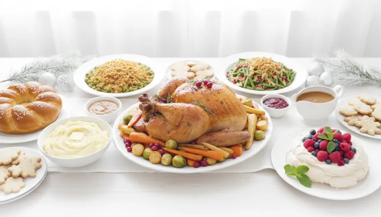 Festive Christmas dinner table setting with roast meat, sides, and holiday decor for a stress-free holiday meal.