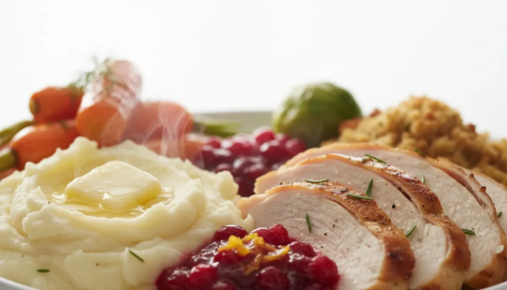 Close-up detail of a juicy herb-roasted turkey slice with gravy, part of an easy Christmas dinner menu.