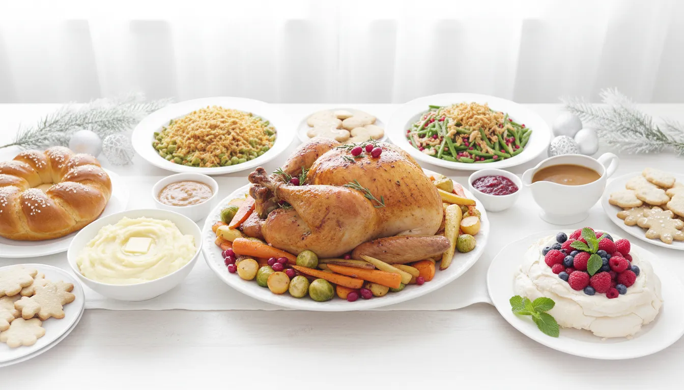 Festive Christmas dinner table setting with roast meat, sides, and holiday decor for a stress-free holiday meal.