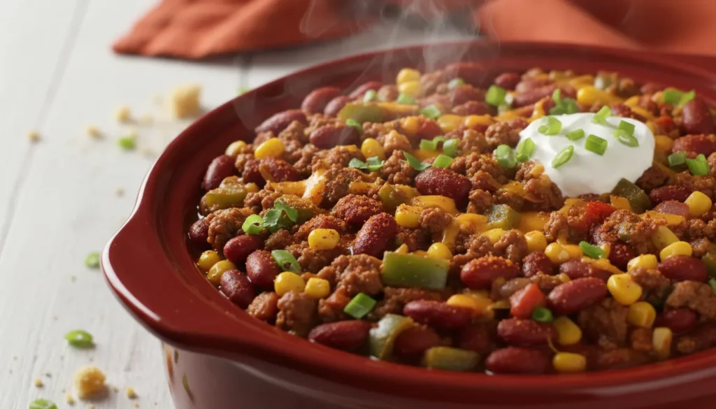 Close-up of thick beefy crockpot chili with beans and tomatoes, showing the rich texture of the slow-cooked stew.