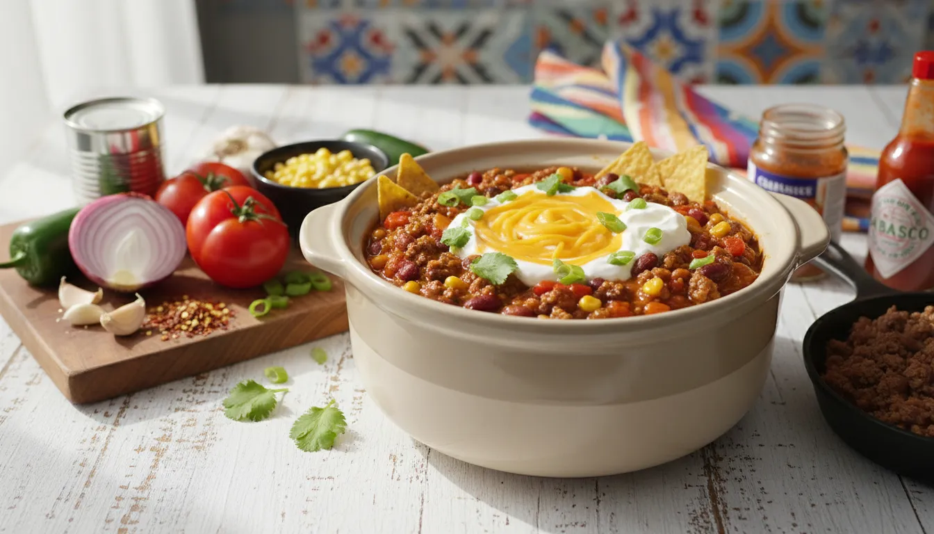 Bowl of easy crockpot chili topped with cheese and sour cream, a perfect dump and go meal for busy weeknights.
