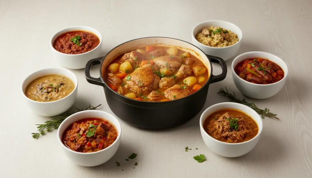 A variety of easy Dutch oven one-pot wonder meals in colorful cast iron pots on a rustic wooden table.