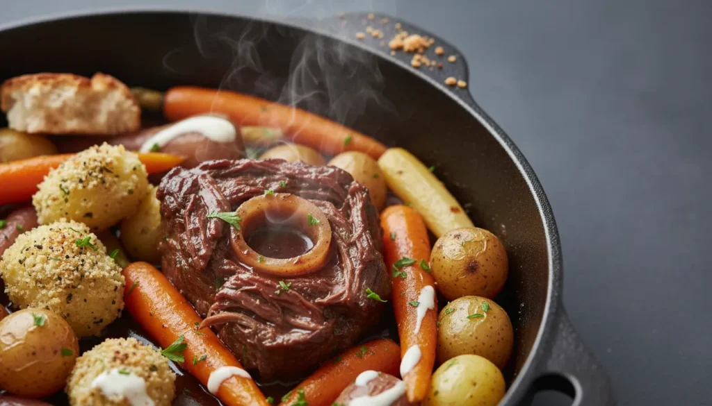 Close-up of tender beef and vegetables simmering in a Dutch oven, a delicious and easy one-pot meal detail.