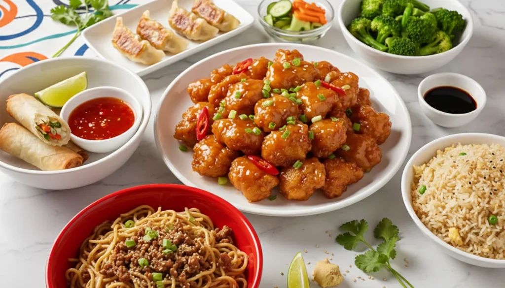 Spread of easy homemade Asian takeout dishes including noodles, orange chicken, and spring rolls on a table.