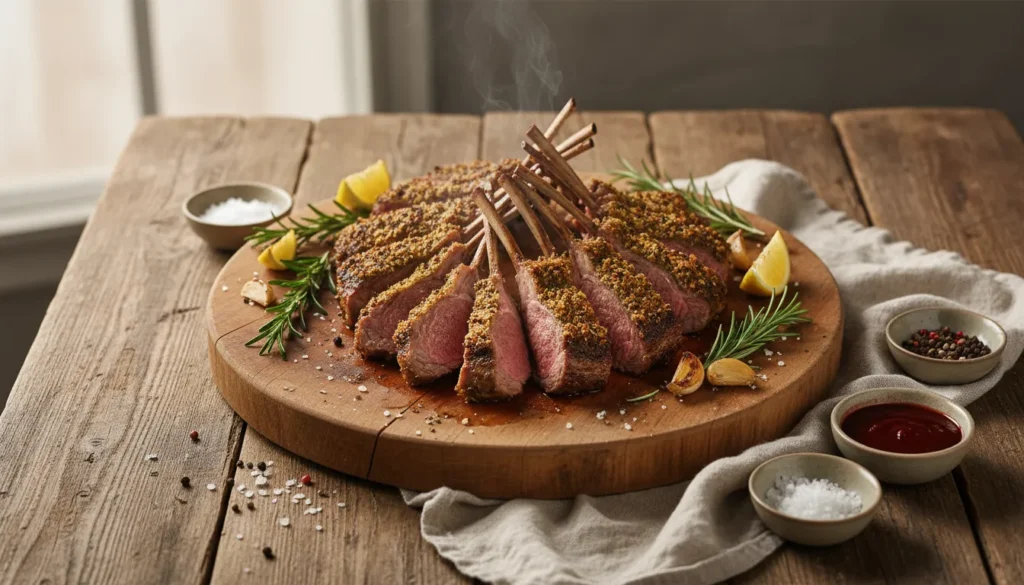 Detailed shot of herb-crusted air fryer lamb chops sliced to show a perfect medium-rare cook.