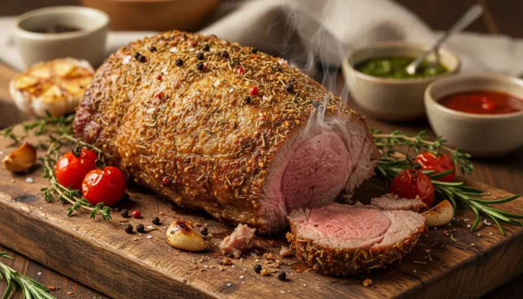 Herb-crusted air fryer rack of lamb presented on a platter, perfect for a romantic date night meal.