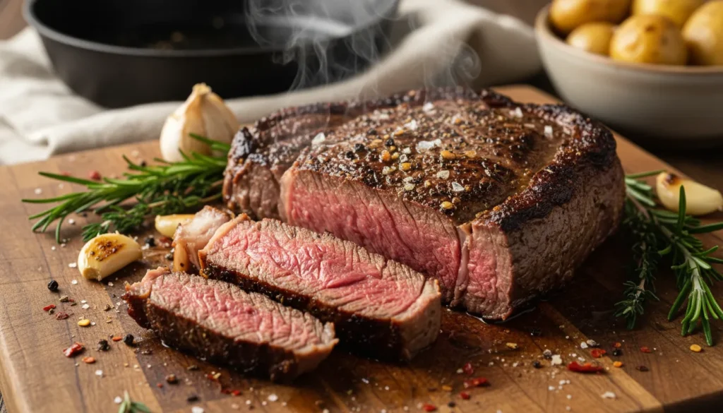 Close-up detail of sliced juicy sirloin steak showing tender medium-rare texture and savory meat juices.