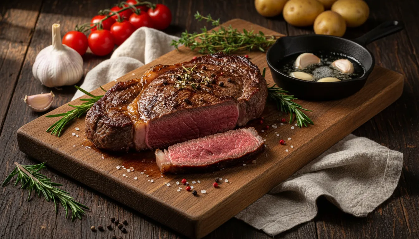 Juicy pan-seared sirloin steak sliced on a wooden board with herbs, a perfect lean meat recipe.