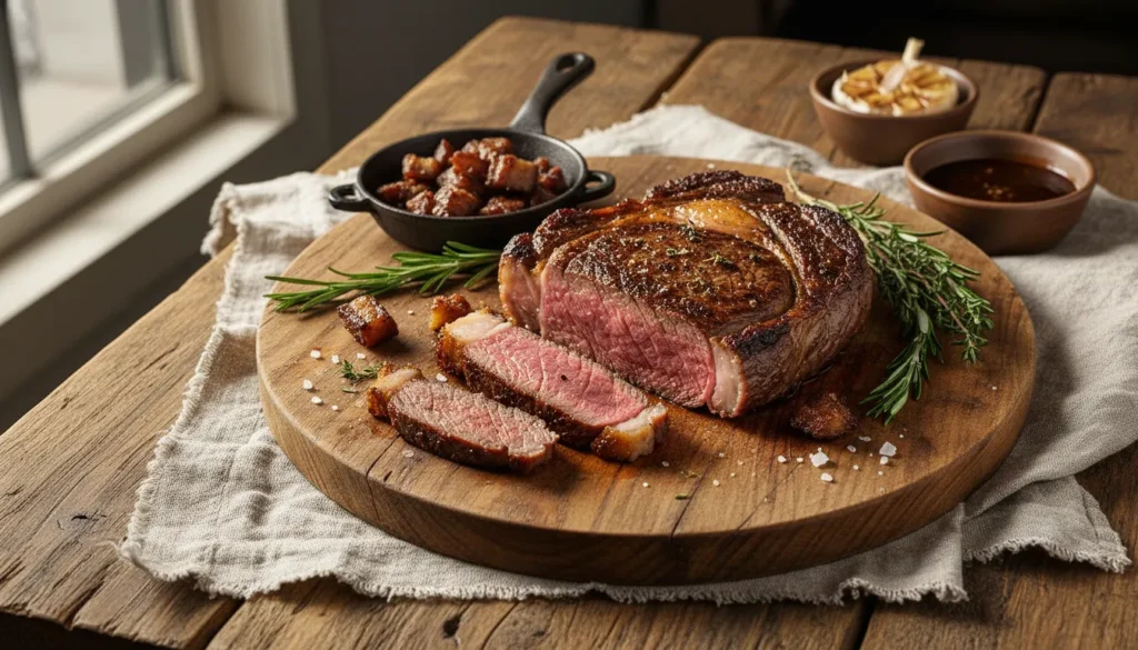 Pan-seared ribeye steak with a golden brown crust and rendered fat edge, served in a cast iron skillet.