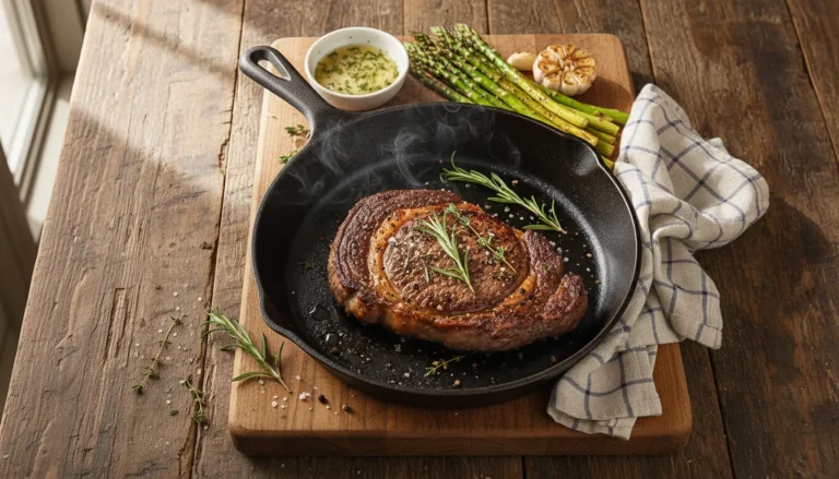 Perfectly seared oven-broiled steak in a cast iron skillet, a top-rated method for cooking steak in the oven.