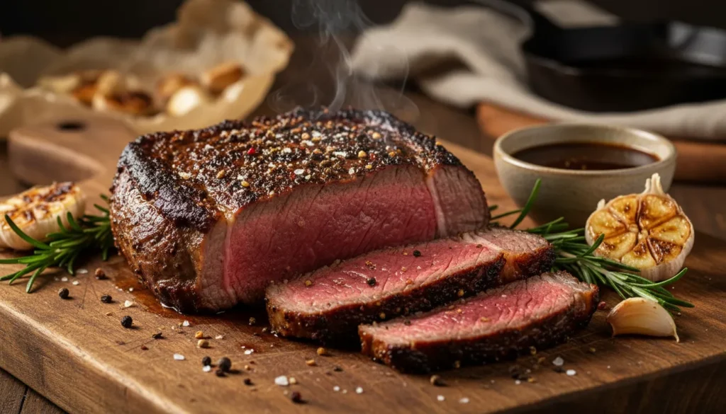 Close-up of a juicy seared steak with melted garlic butter, highlighting the crust from the oven broiler method.