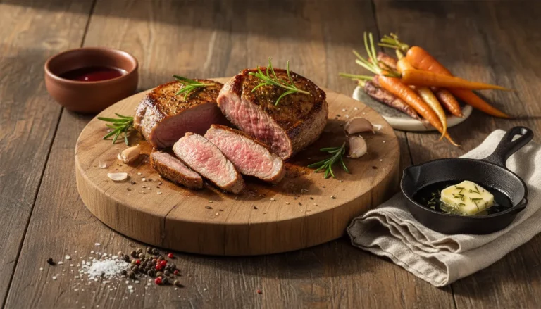 Pan-seared lamb loin steaks served with fresh rosemary and garlic butter in a cast-iron skillet.