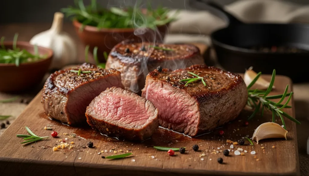 Close-up of a perfectly browned crust on a pan-seared lamb loin steak, showing the juicy pink center.